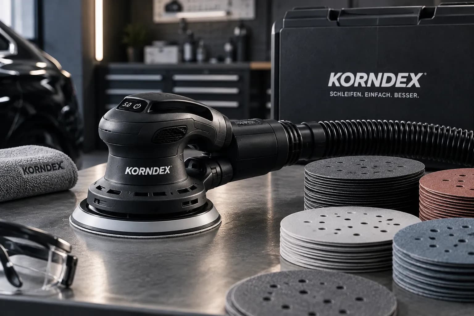 KORNDEX EX 150 vor dem Systemkoffer, daneben Stapel gelochter Schleifscheiben