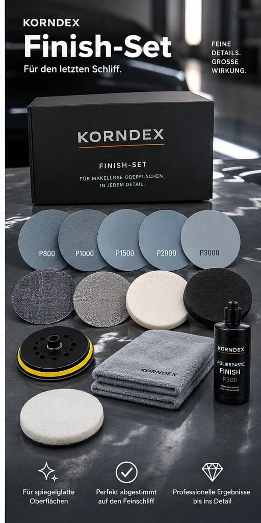 KORNDEX Finish-Set: Schachtel, feine Schleifscheiben, Polierpads, Mikrofasertuch und Polierpaste